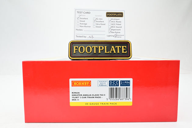 Hornby OO Gauge R3963A Greater Anglian Class 755/3 'Flirt' 3 Car Train Pack Era 11 No.755 332 - Boxed