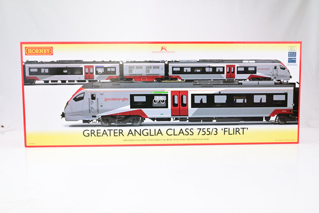 Hornby OO Gauge R3963A Greater Anglian Class 755/3 'Flirt' 3 Car Train Pack Era 11 No.755 332 - Boxed