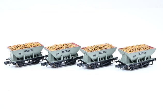 Graham Farish N Gauge Rake of 4 BR Grey 24T Iron Ore Hopper Wagons w/ Loads - Unboxed