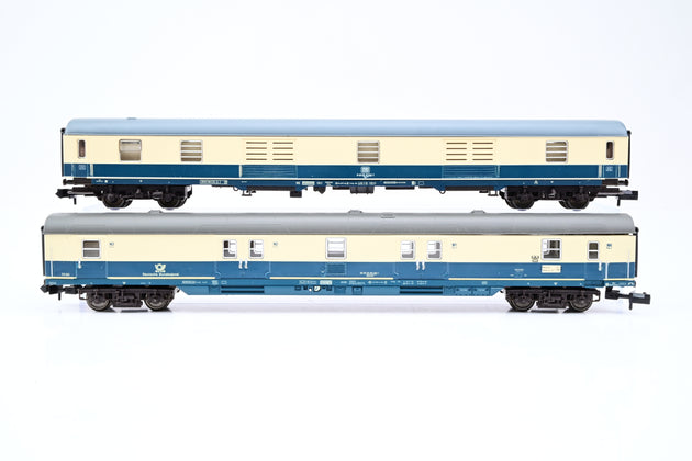 Fleischmann N Gauge  8190/8189 Rake of 2 Postal Coaches w/ DB Baggage Düms905 & Fleisch Post Mrz Car No.50800095931 - Boxed