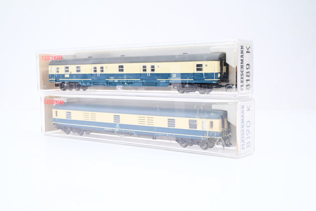 Fleischmann N Gauge  8190/8189 Rake of 2 Postal Coaches w/ DB Baggage Düms905 & Fleisch Post Mrz Car No.50800095931 - Boxed