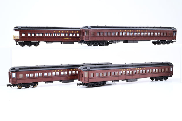 Lima N Gauge Rake of 4 Pennsylvania Maroon Heavyweight Pullmans Passenger Cars No.2760, 3520 - Unboxed