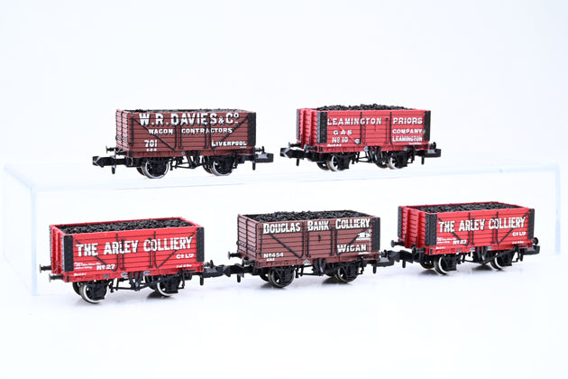 Graham Farish N Gauge Rake of 5 Private Owner 7 Plank Wagons W/Coal Load - Unboxed