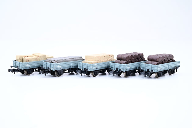 Graham Farish N Gauge Rake of 5 LMS Grey 3 Plank Wagons W/Load - Unboxed