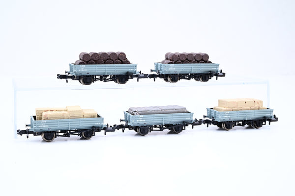 Graham Farish N Gauge Rake of 5 LMS Grey 3 Plank Wagons W/Load - Unboxed