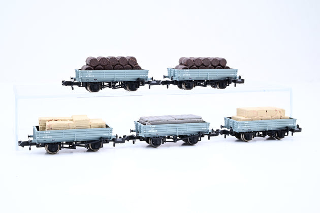 Graham Farish N Gauge Rake of 5 LMS Grey 3 Plank Wagons W/Load - Unboxed
