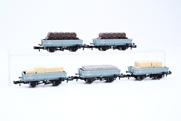 Graham Farish N Gauge Rake of 5 LMS Grey 3 Plank Wagons W/Load - Unboxed