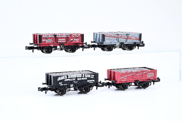 Graham Farish N Gauge Rake of 4 Private Owner 5 Plank Wagons W/Balast Load - Unboxed
