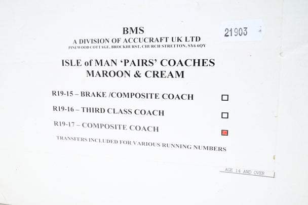 Accucraft / BMS 45mm/32mm R19-17 Maroon & Cream Isle of Man Pairs Composite Coach