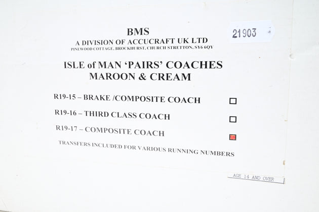 Accucraft / BMS 45mm/32mm R19-17 Maroon & Cream Isle of Man Pairs Composite Coach
