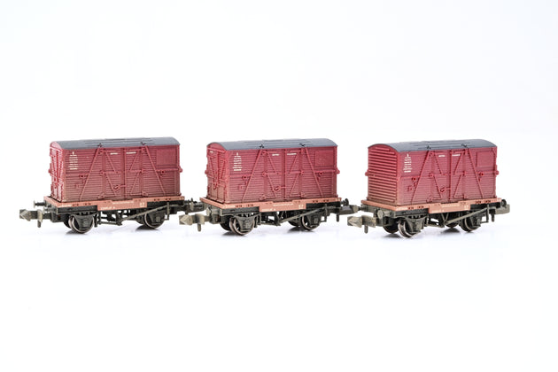 Graham Farish N Gauge 377-336A Triple Pack Conflat Wagons BR Crimson BD Containers (Weathered) - Boxed