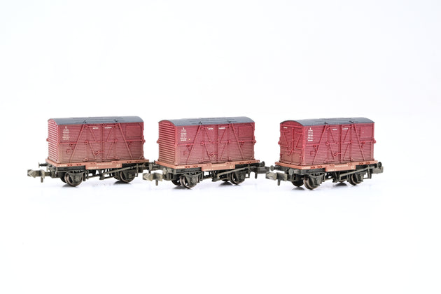 Graham Farish N Gauge 377-336A Triple Pack Conflat Wagons BR Crimson BD Containers (Weathered) - Boxed