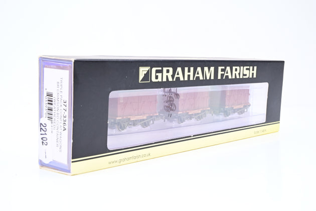 Graham Farish N Gauge 377-336A Triple Pack Conflat Wagons BR Crimson BD Containers (Weathered) - Boxed