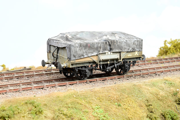 Kit Built O Gauge LMS Grey Vacuum Brake 5-Plank Wagon w/ Side Doors & Tarpaulin Cover No.117321 - Weathered, Aftermarket Box
