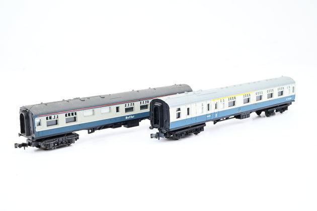 Trix/Lima N Gauge Rake of 2 BR Mk1 Coaches Blue Grey, Buffet & BFK - Unboxed