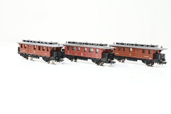 Lima N Gauge Rake of 3 Swedish Railways 3rd Class & Baggage Post 4 Wheel Coaches - Unboxed