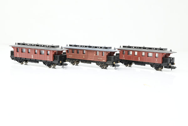Lima N Gauge Rake of 3 Swedish Railways 3rd Class & Baggage Post 4 Wheel Coaches - Unboxed