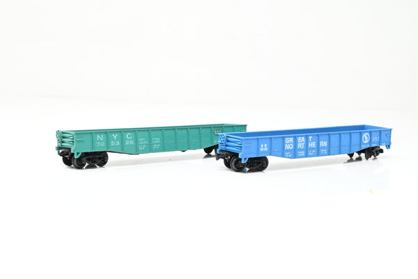 Con-Cor N Gauge Rake of 2 Low Gondola Cars Great Northern & NYC - Unboxed