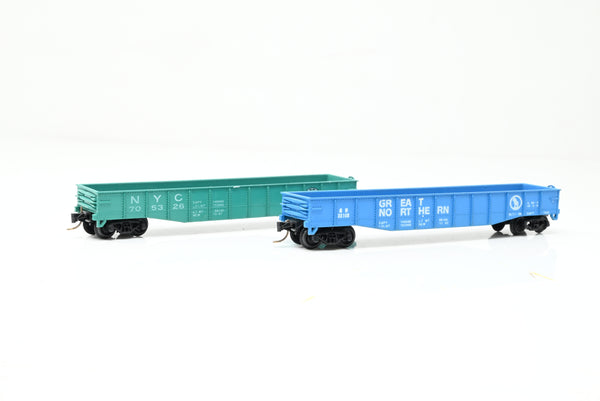 Con-Cor N Gauge Rake of 2 Low Gondola Cars Great Northern & NYC - Unboxed