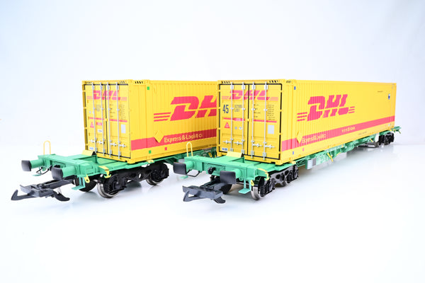 Aristocraft G Gauge ART-50801 Twin Intermodal Wagons w/ DHL Containers No.33704938535-0 - Boxed