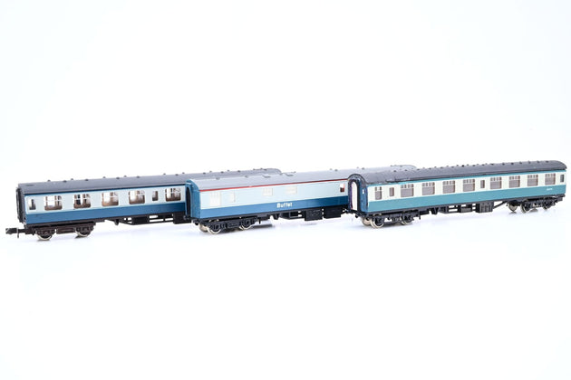 Graham Farish N Gauge Rake of 3 BR Mk1 Coaches Blue/Grey 2 x Second Corridor, 1 x Buffet - Unboxed
