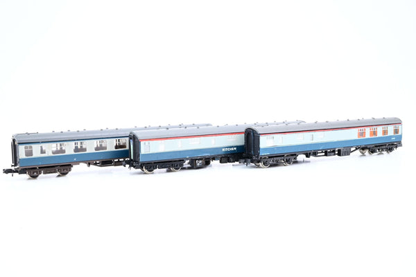 Graham Farish N Gauge Rake of 3 BR Mk1 Coaches Blue/Grey Second Corridor, 1 x Kitchen Car, 1 x Buffet Car - Unboxed