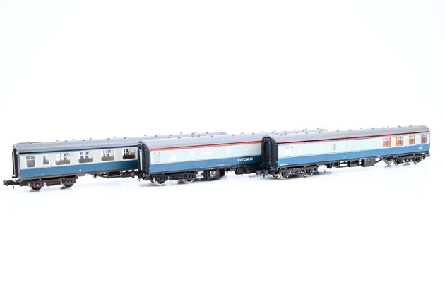 Graham Farish N Gauge Rake of 3 BR Mk1 Coaches Blue/Grey Second Corridor, 1 x Kitchen Car, 1 x Buffet Car - Unboxed