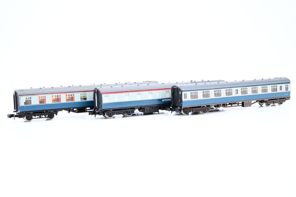 Graham Farish N Gauge Rake of 3 BR Mk1 Coaches Blue/Grey Second Corridor, 1 x Kitchen Car, 1 x Buffet Car - Unboxed
