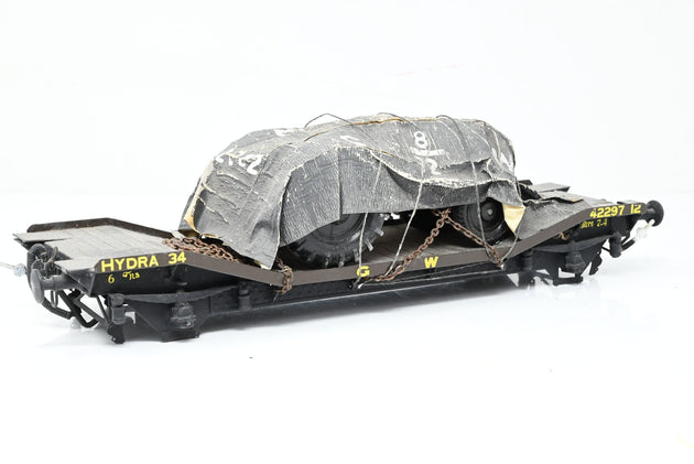 The Works Kit Built Gauge 1 10mm GWR Brown 'Hydra' Well Wagon w/ Tractor Load - Unboxed