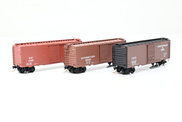 Micro-Trains N Gauge 20276-2 Triple Pack of C&O, B&O & WM 40ft Standard Single Door Box Cars - Boxed