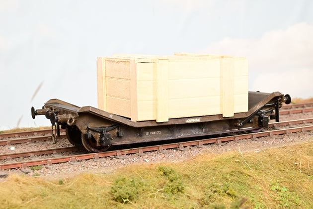 Kit Built O Gauge BR Grey 12T Lowmac Wagon w/ Crate Load No.B196172 - Heavily Weathered, Unboxed